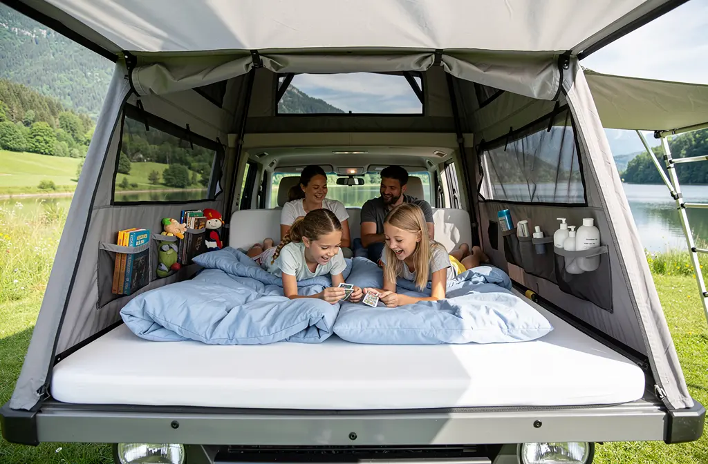 Famille de quatre personnes dans une tente rigide confortable 4-places