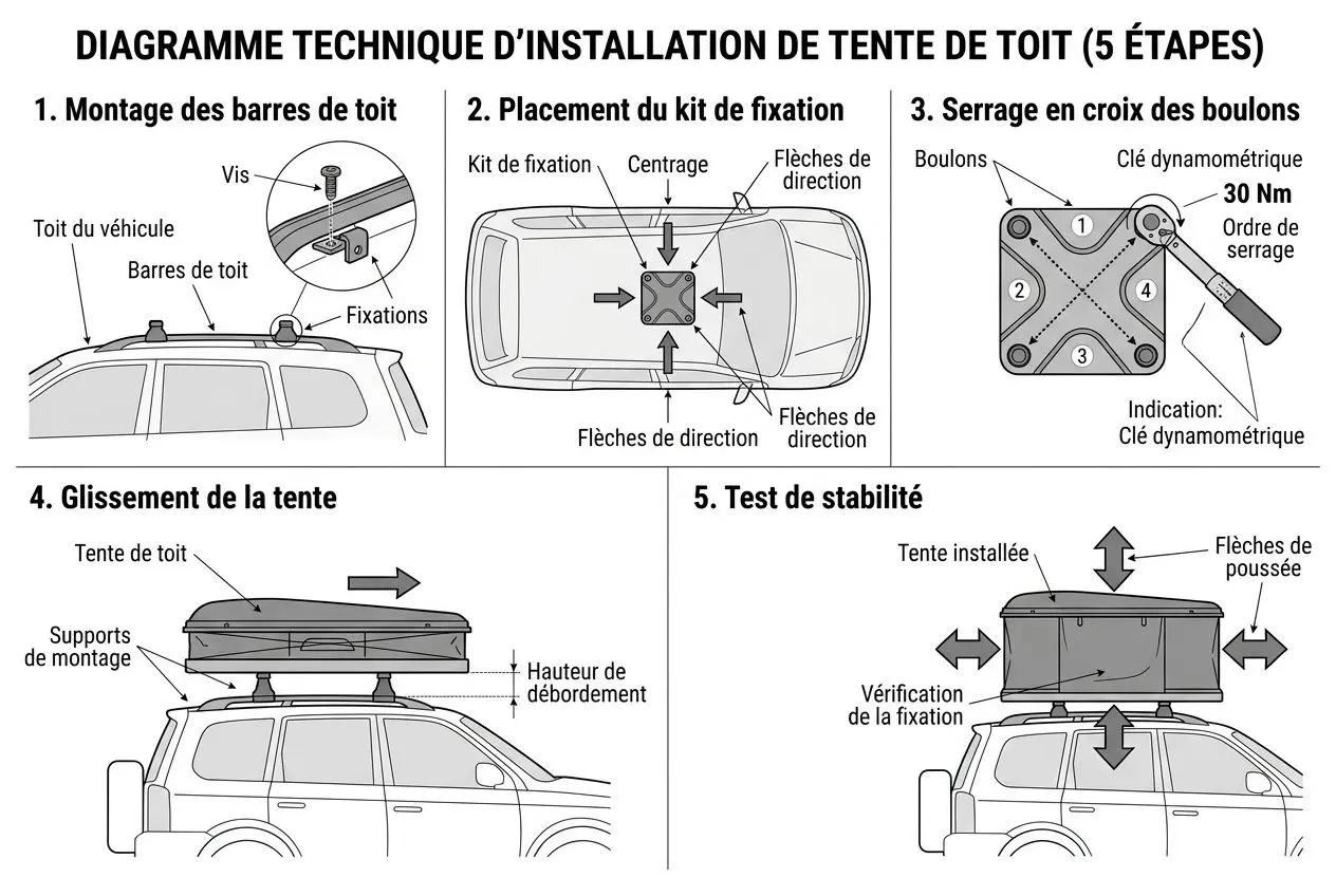 Étapes installation tente de toit