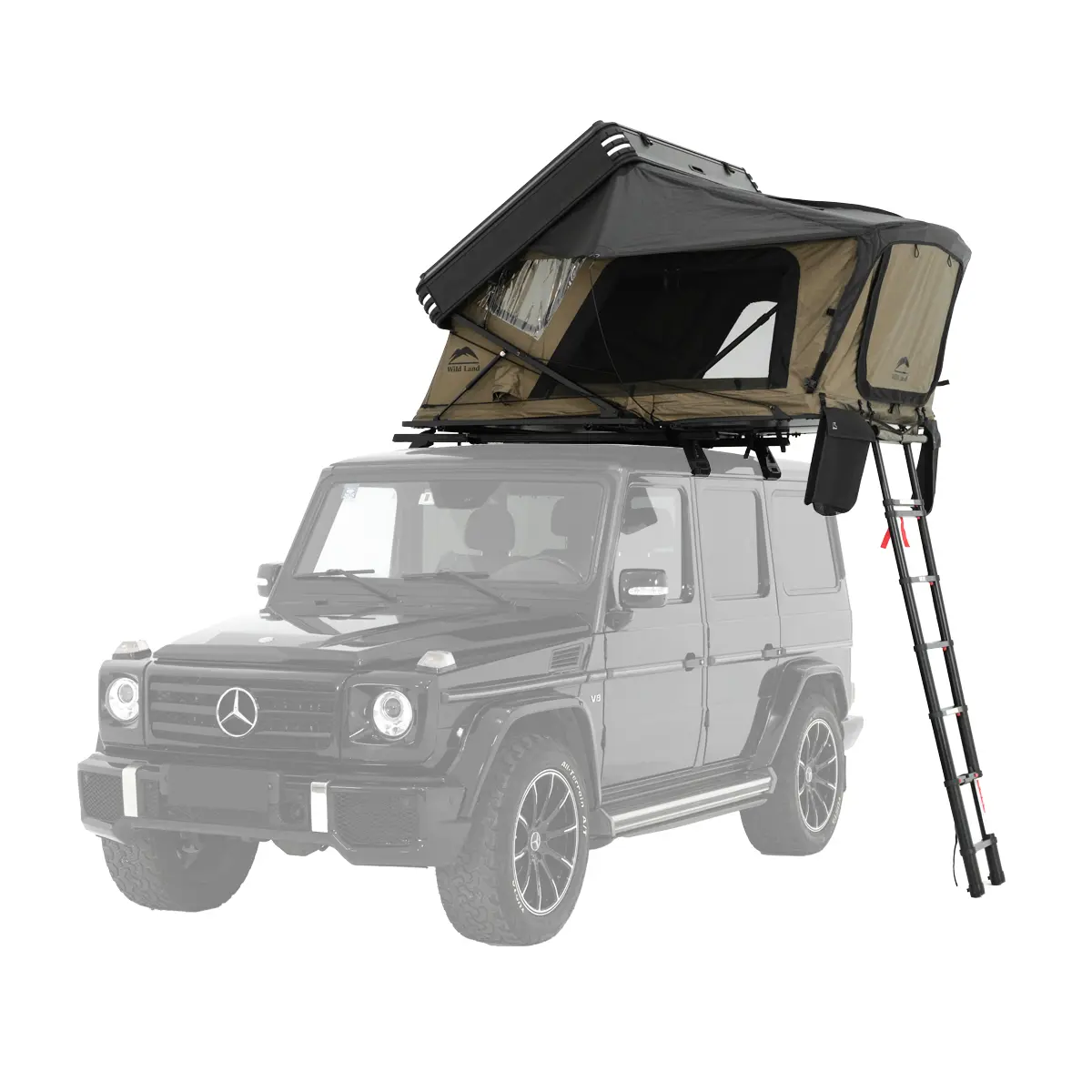 Tente de toit rigide Wild Land ouverte en kaki sur Mercedes Classe G 4x4 avec échelle télescopique