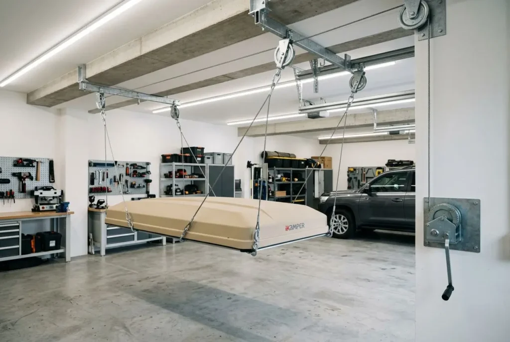 Tente de toit suspendue au plafond du garage