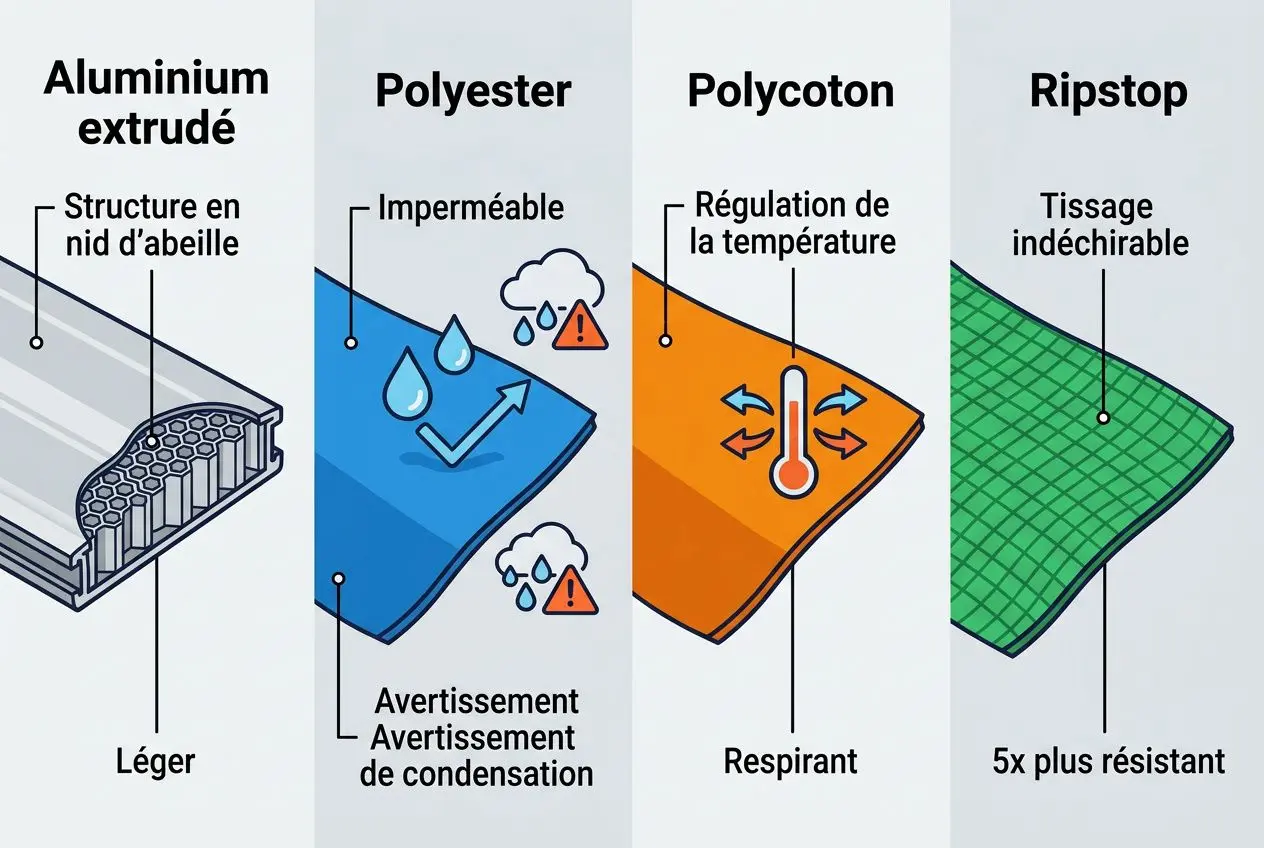 Alt: Tente de toit légère transportable montrant une structure Aluminium extrudé, tissus Polyester et Poly coton, Ripstop, avec caractéristiques de légèreté, imperméabilité, régulation thermique et résistance accrue.