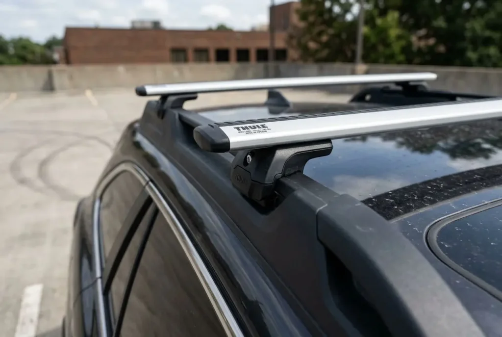 Barres de toit sur une voiture, prête pour une tente de toit installation facile, aspect net et fixation prête à sécuriser.
