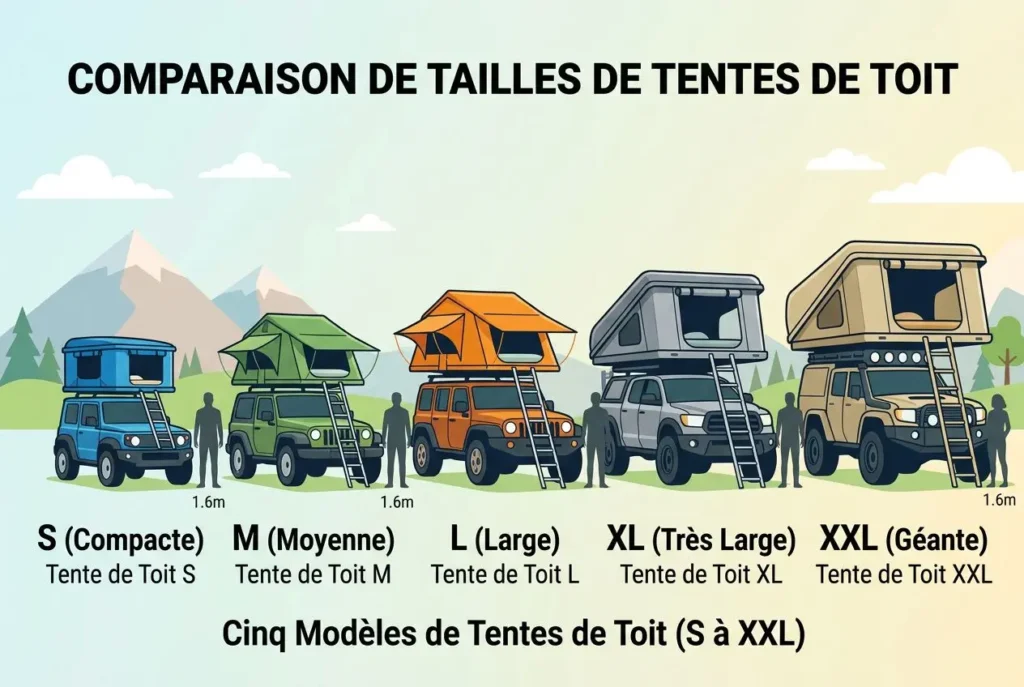 Comparaison des tailles de tentes de toit sur des véhicules, de S à XXL, montrant différentes dimensions et popularité. critères pour choisir une tente de toit évoqués.