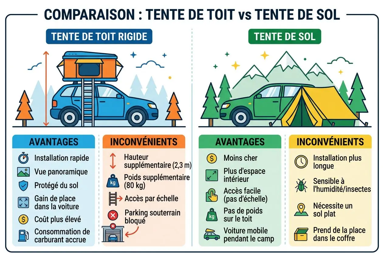 Comparaison tente de toit vs tente de sol: avantages et inconvénients détaillés, avec installation rapide et poids à considérer. Avantages: confort, espace, vue panoramique, protection du sol, coût élevé; Inconvénients: hauteur, poids, accessibilité et stockage du véhicule, installation plus longue et sensibilité à l’humidité. Mots-clés intégrés: avantages inconvénients tente de toit.
