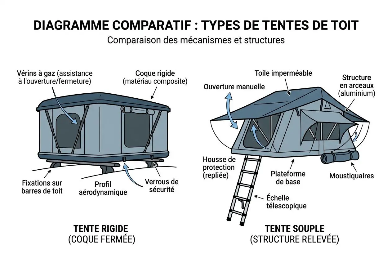 Diagramme comparatif des types de tentes de toit: tente rigide et tente souple avec leurs composants et caractéristiques.