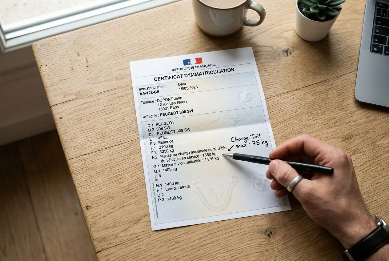 Document dictant l’immatriculation et le poids d’un véhicule, tenu par une main, sur une table avec tasse et ordinateur. critères pour choisir une tente de toit intégré naturellement.