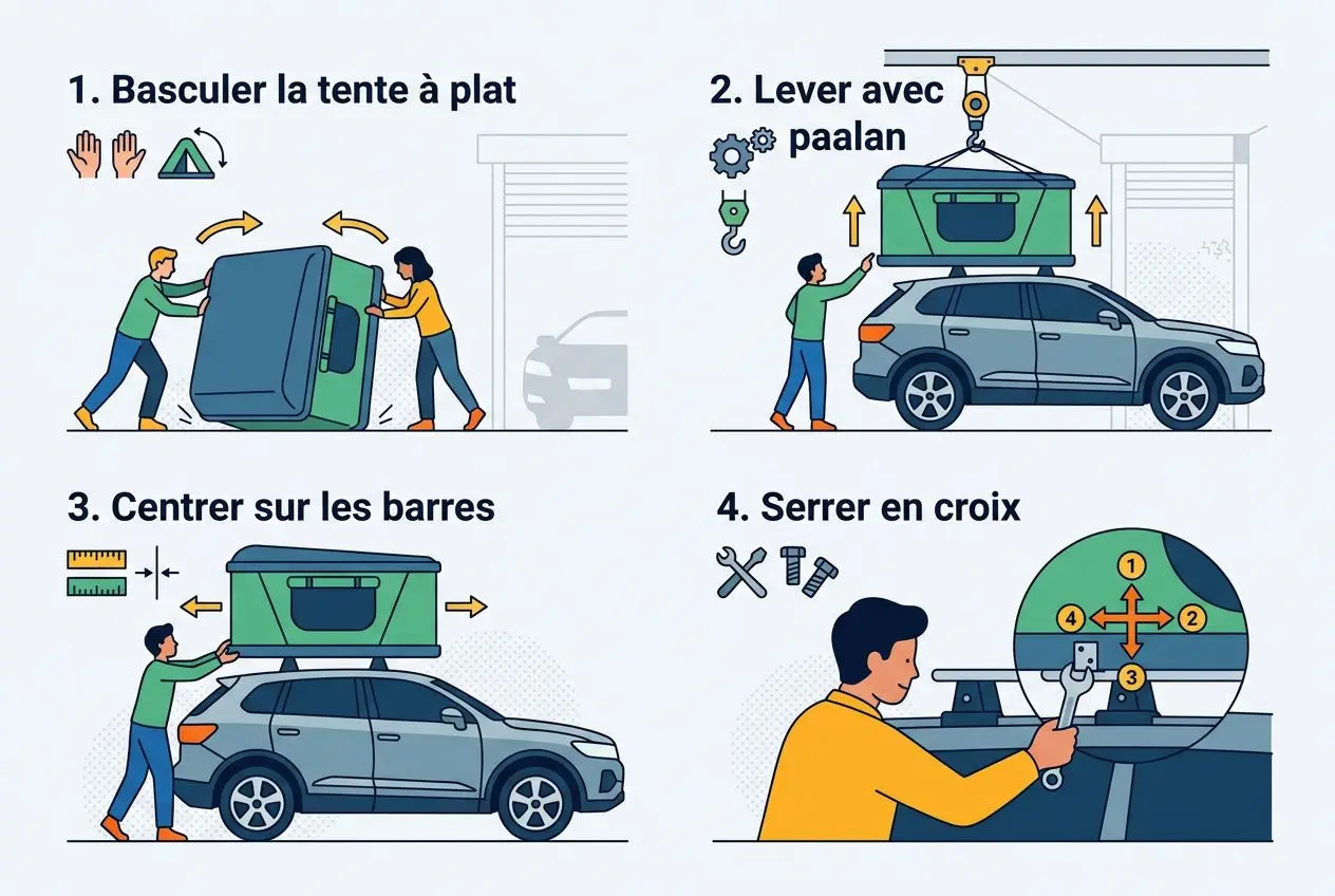 Installation étape par étape : tente de toit installée sur le véhicule puis fixée sur les barres, avec centrage et serrage croisé. (tente de toit installation facile)