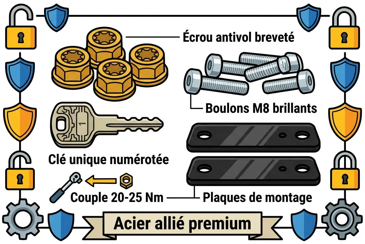Jeu de pièces et accessoires en acier allié premium: écrous, boulons M8, clé, plaques de montage et vis, sur fond illustré. Comment fixer tente de toit voiture.