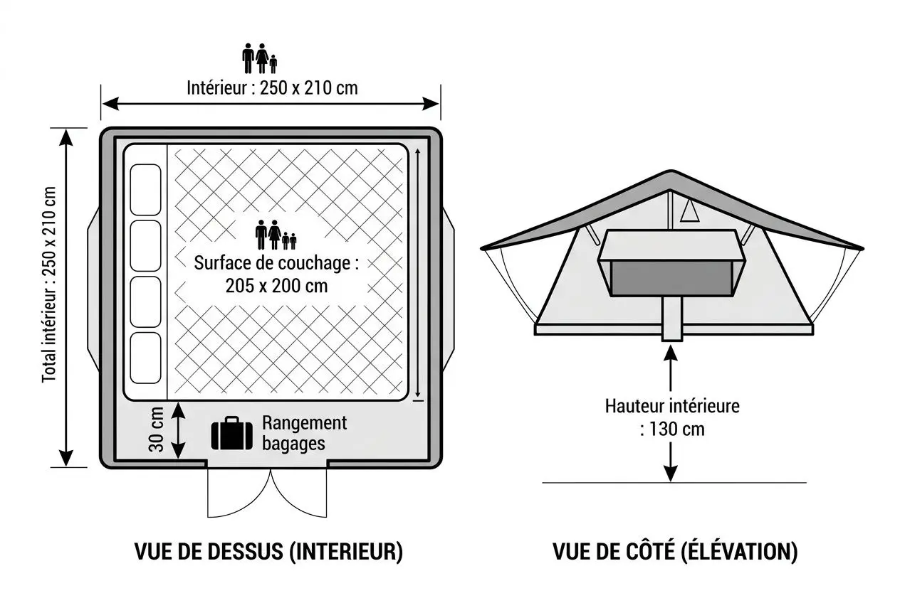 Plan intérieur et élévation d’une tente de toit familiale, indiquant surface de couchage 205 x 200 cm, intérieur 250 x 210 cm et Höhen 130 cm. tente de toit familiale combien places affichée.