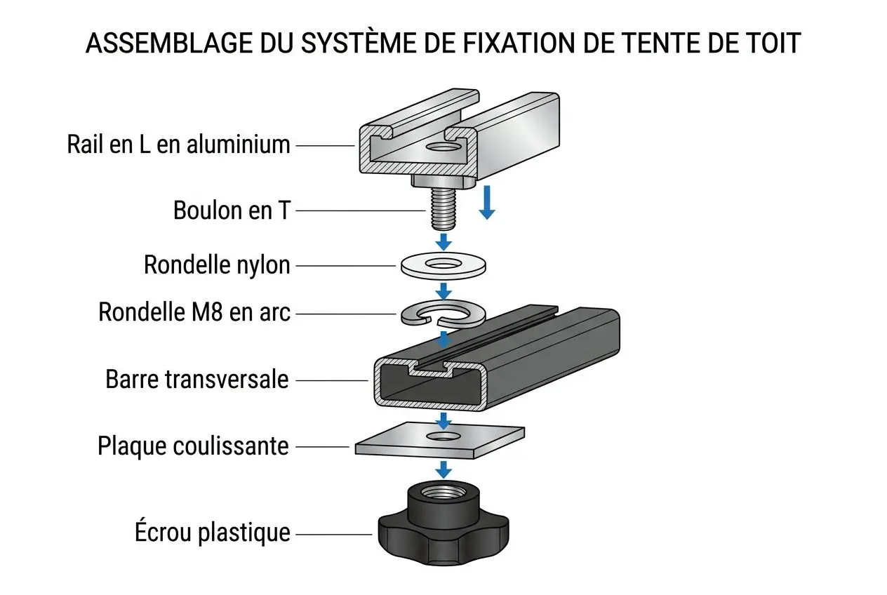 Schéma d’assemblage du système de fixation de tente de toit : rail en aluminium, boulon T, rondelles, barre transversale et plaque coulissante avec écrou plastique. Tente de toit installation facile.