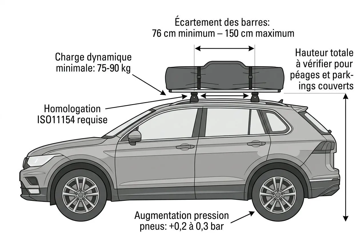 Schéma d’une voiture équipée d’une tente de toit sur le toit, avec dimensions et remarques de sécurité.