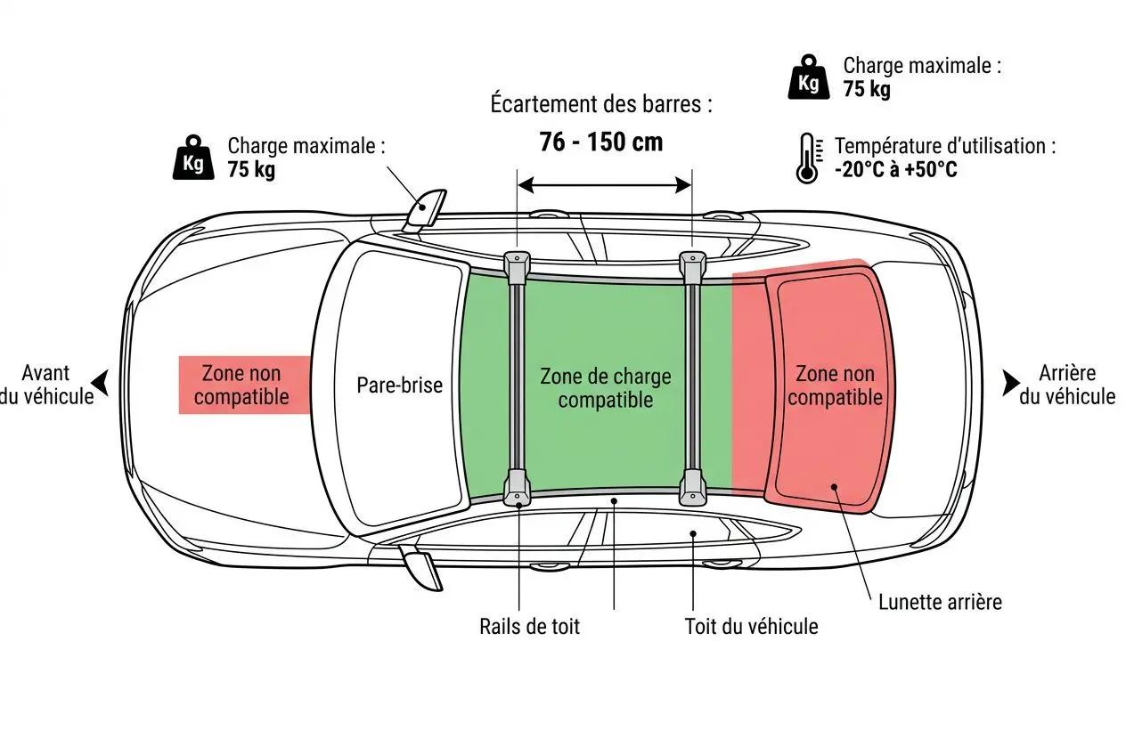 Schéma montrant les zones d’impact d’une vraie tente de toit sur un véhicule, avec zones non compatibles avant et arrière et zone de charge compatible au centre, rails et toit du véhicule visibles. Meilleure tente de toit 2 places mentionnée.