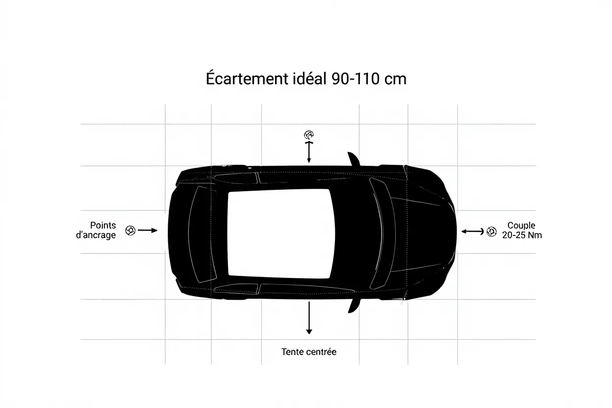 Schéma vu du dessus montrant une voiture avec tente de toit centrée, réglage d’écartement idéal 90-110 cm et vis/point d’ancrage, couple de serrage 20-25 Nm. intégré: comment fixer tente de toit voiture.