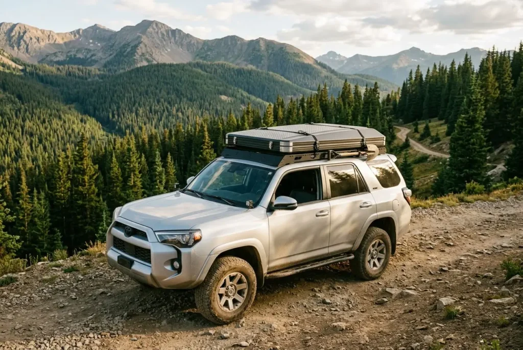 SUV en montagne avec tente de toit léger transportable montée sur le toit, route rocailleuse et forêts autour.