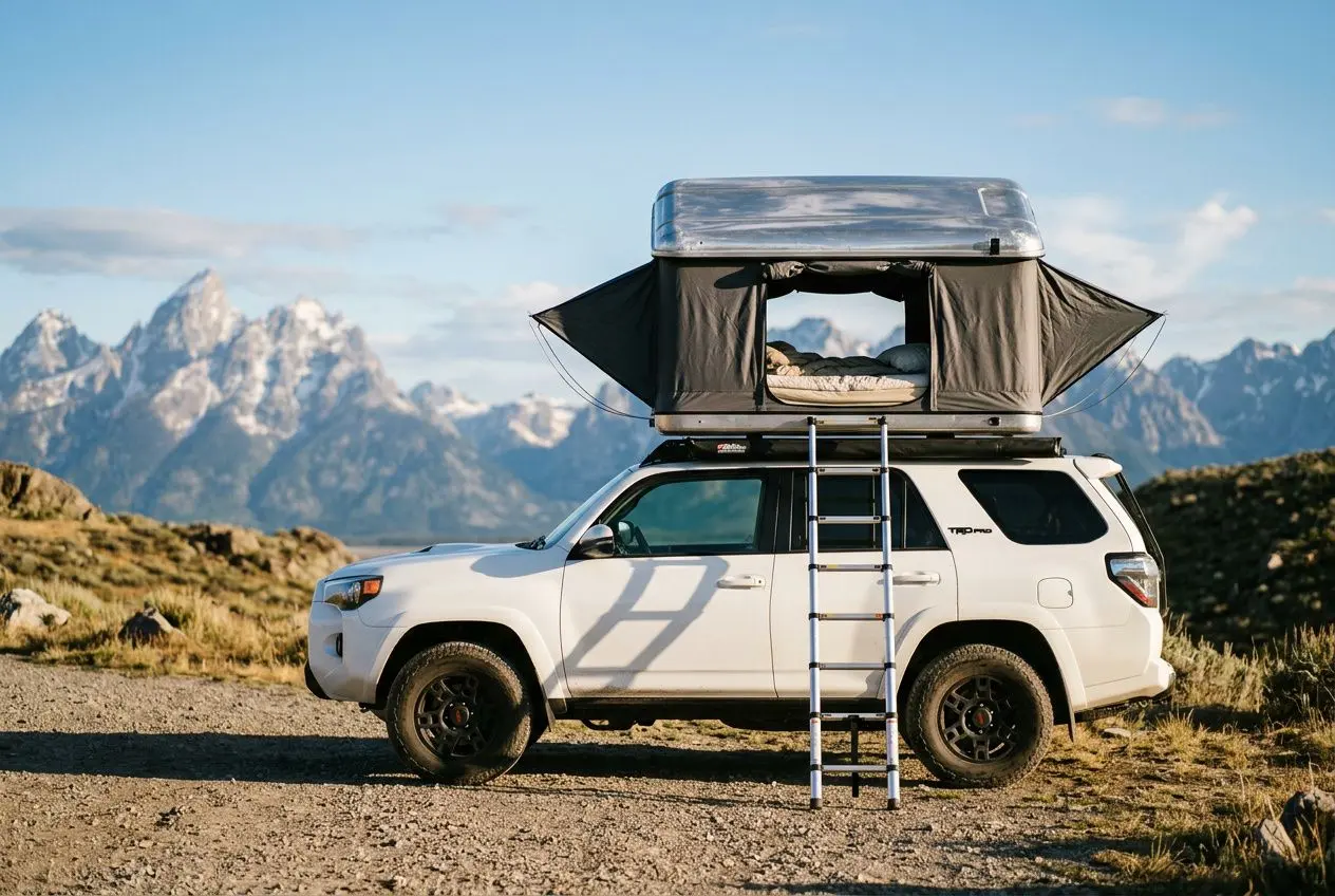 Tente de toit 2 places montée sur un SUV blanc en milieu montagneux, échelle déployée et couchage visible sous la tente.