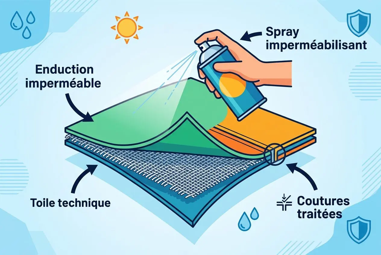 Tente de toit en cours d’entretien avec spray imperméabilisant et couture traitée sur la toile technique, le tout prêt pour le nettoyage et le stockage. entretien et nettoyage tente de toit