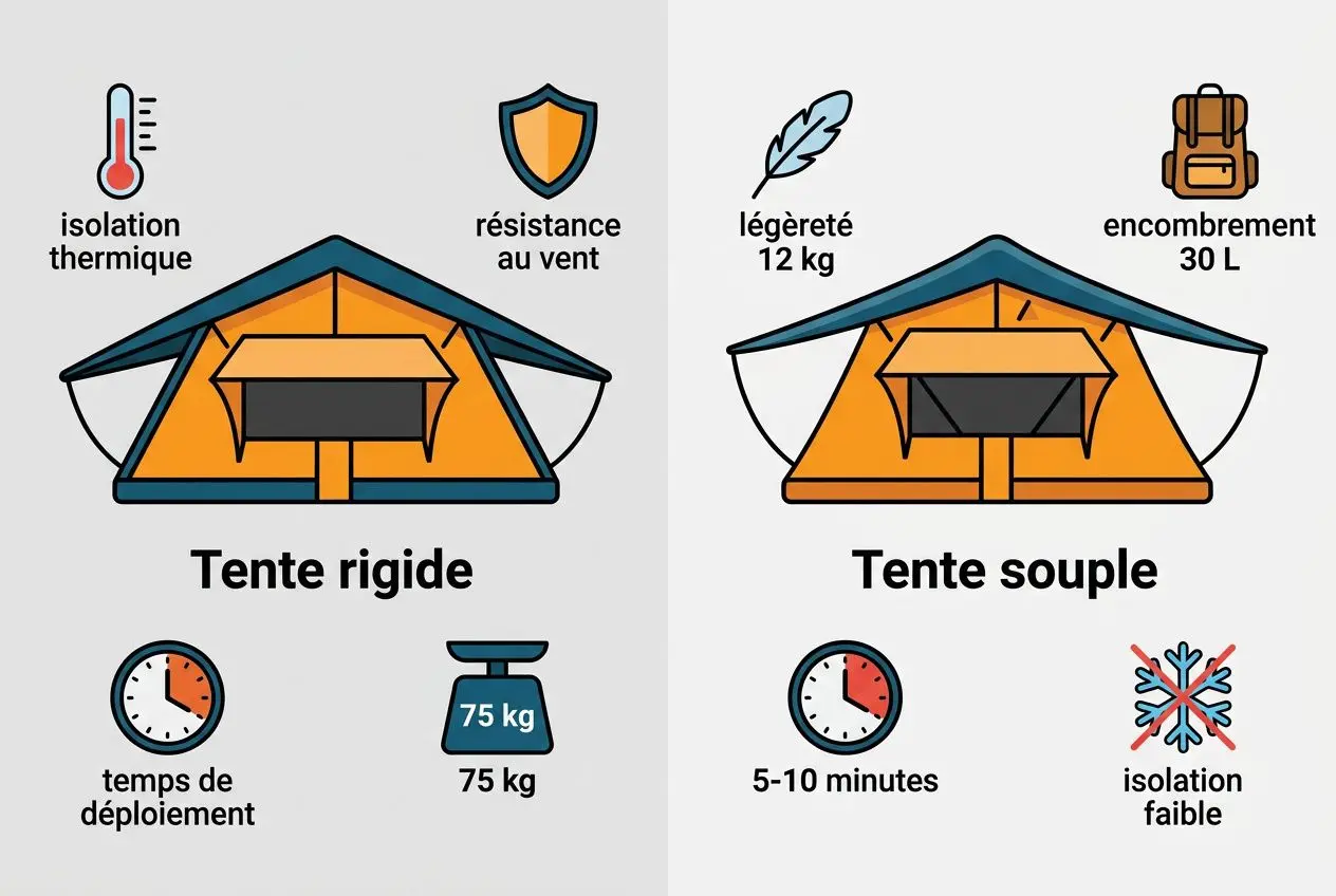 Tente de toit familiale : image comparant tente rigide et tente souple, avec indications sur isolation, poids et déploiement.