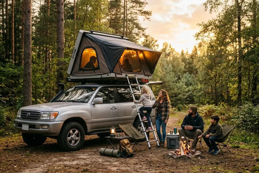 Tente de toit familiale installée sur un SUV en forêt, avec famille autour du feu et tabourets, ambiance camping conviviale.