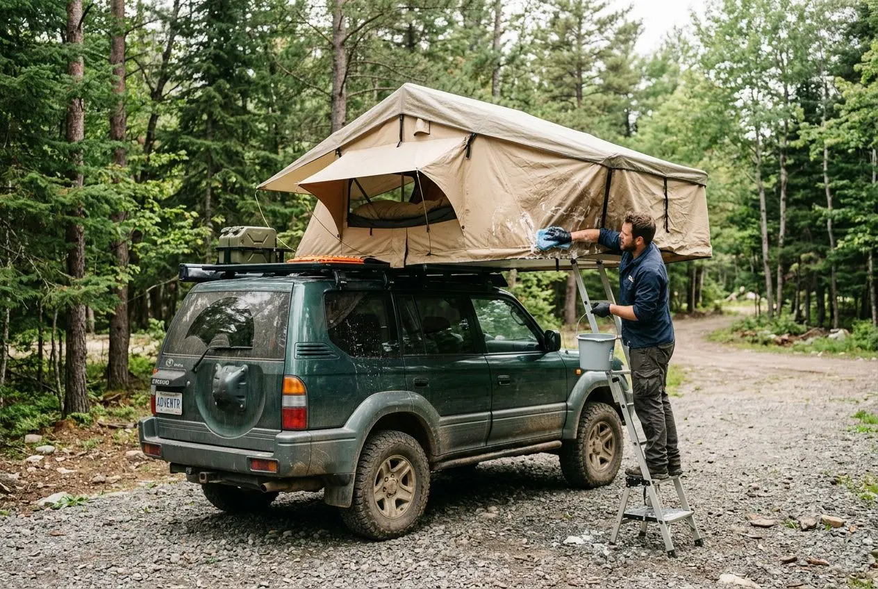Tente de toit montée sur un SUV en forêt, homme sur échelle nettoyant et vérifiant l’installation pour l’entretien et nettoyage tente de toit.