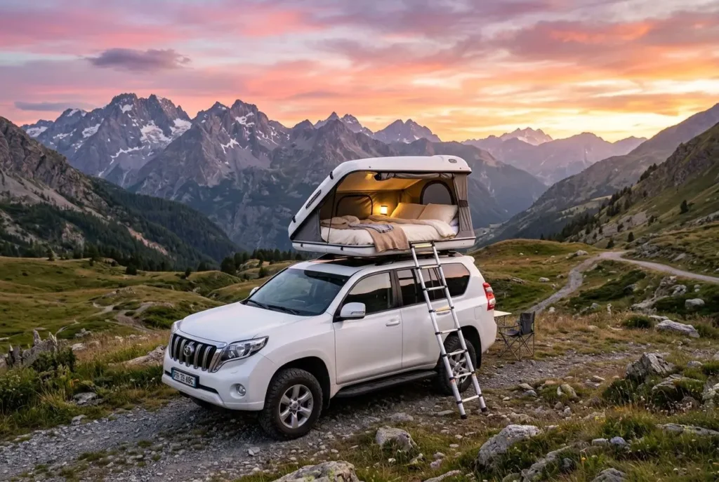 Tente de toit ouverte sur un 4x4 en montagne au coucher du soleil, échelle déployée et couchage visible. Avantages inconvénients tente de toit.