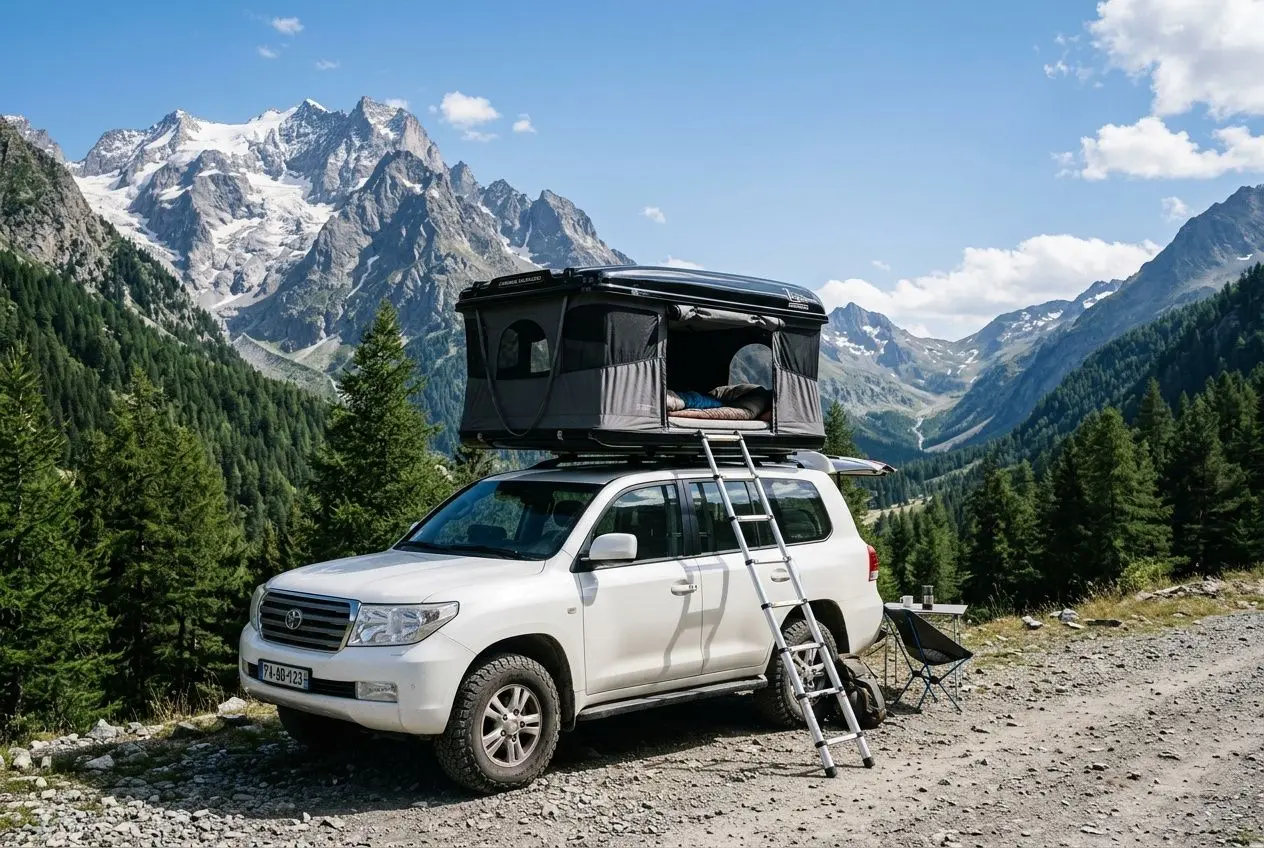Tente de toit rigide installée sur un SUV blanc en montagne, échelle et matelas visibles, cadre naturel et ciel bleu. Meilleure tente de toit rigide.