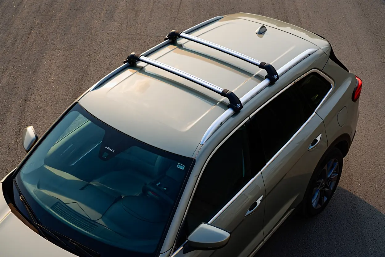 Voiture vue de dessus avec barres de toit, prêt à recevoir une tente de toit.