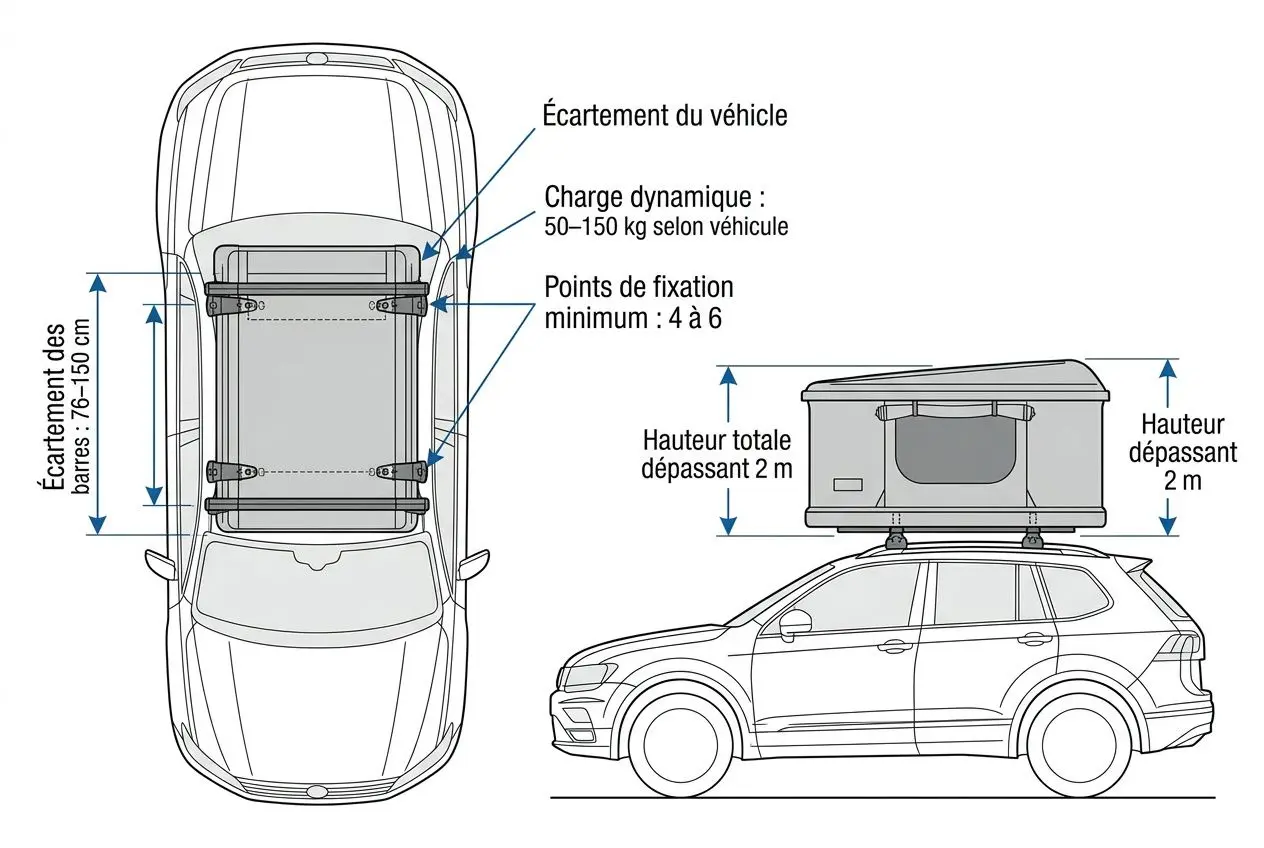 Diagramme détaillant l’installation d’une tente de toit sur un véhicule: écartement du véhicule et hauteur, points de fixation, charge dynamique et hauteur totale. Mot-clé intégré: meilleure tente de toit camp.