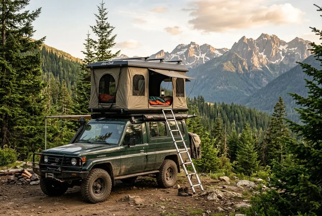 Différence entre mh500 et mh900 : tente de toit montée sur SUV vert en forêt, sommier surélevé, montagne et ladder visibles.