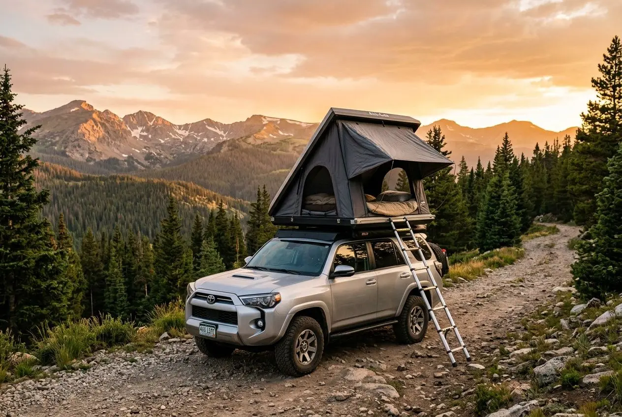 Meilleure tente de toit camp installée sur un SUV en pleine nature, avec échelle et paysage montagneux au coucher du soleil.