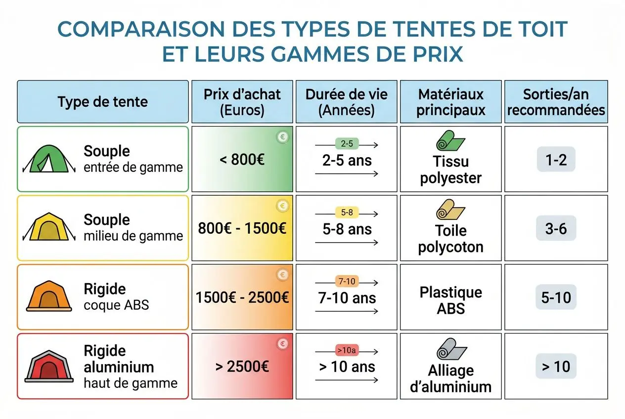 Tableau comparatif des types de tentes de toit et leurs gammes de prix, avec durées de vie et matériaux principaux. Différence tente de toit et caravane intégrée naturellement.