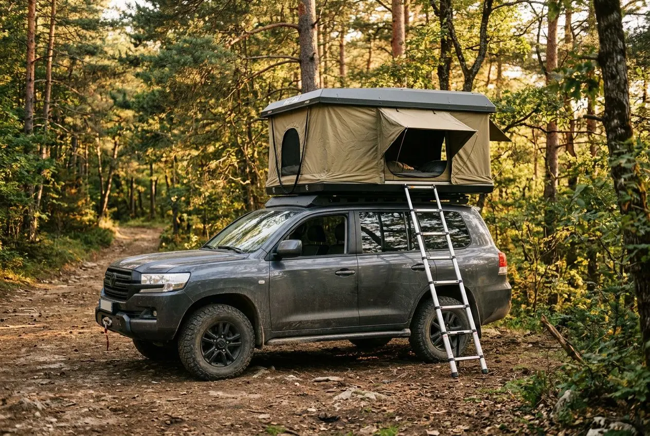 Tente de toit montée sur un SUV en forêt, avec échelle et toilette de camping, prête pour le bivouac. En coûts une tente de toit.