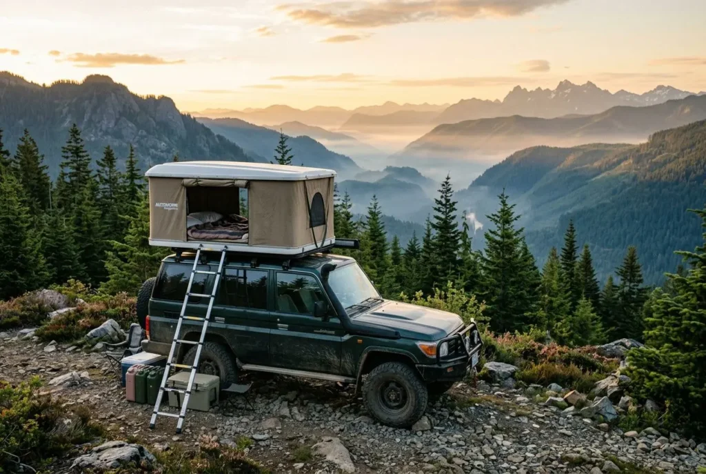 Tente de toit sur un SUV en montagne, escalier déployé, panorama de pins et vallées au lever du soleil, camping en plein air, différemmence tente de toit et caravane.
