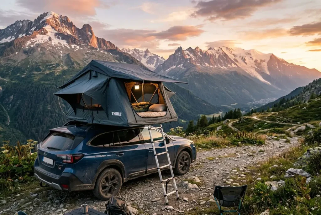 Tente de toit Thule montée sur un SUV en montagne, accès escamotable, coucher avec paysage sunset et sommets enneigés.