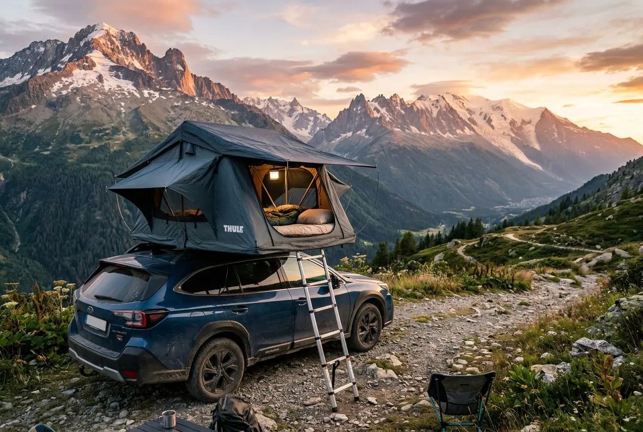 Tente de toit Thule montée sur un SUV en montagne, accès escamotable, coucher avec paysage sunset et sommets enneigés.