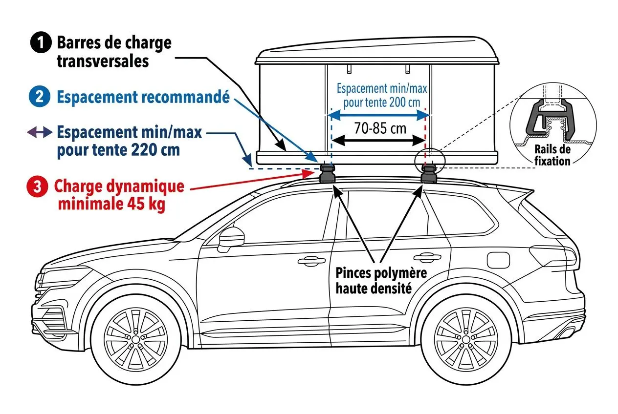 Illustration technique montrant une tente de toit James Baroud installée sur un SUV, with rails de fixation et dimensions d’installation. Tente sécurisée sur le toit, instructions de charge et espacement indiqués. Mention du guide complet pour tente de toit james baroud.