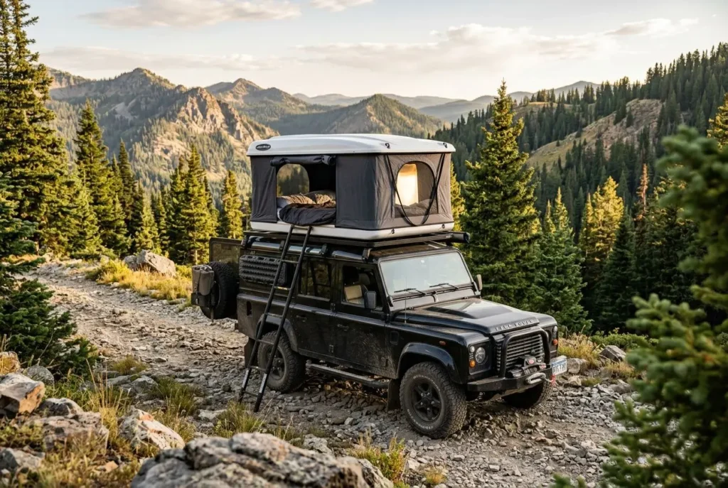 Tente de toit évasion James Baroud esprit aventure installée sur un 4x4 noir en pleine montagne, cadre forestier et pistes rocheuses. James Baroud Evason? Évasion.