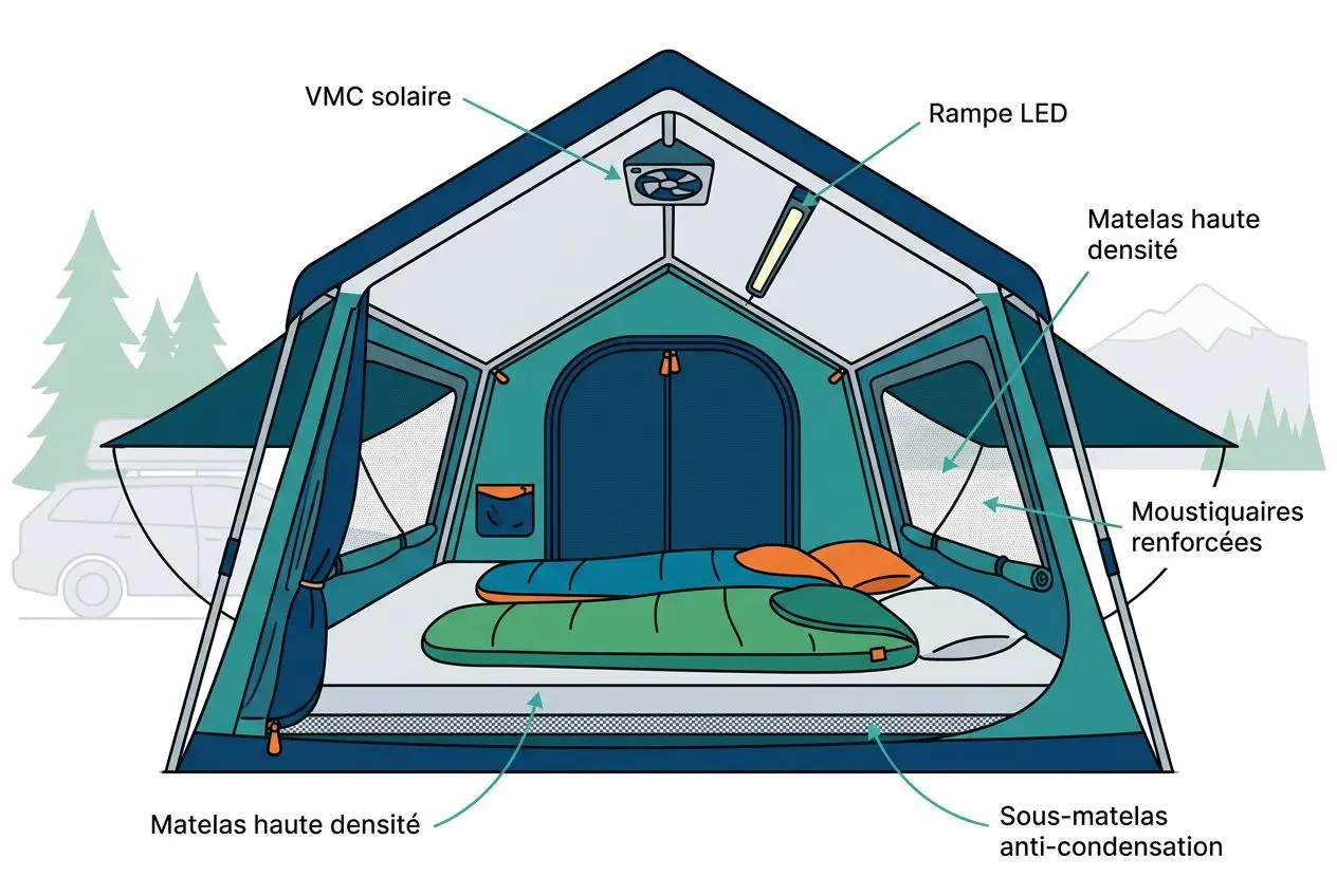 Tente de toit James Baroud Évasion ouverte, intérieur spacieux avec lit gonflable vert, coussins orange et vert; structure haute densité, moustiquaires renforcées, sous-matelas isolants et rampe LED, fond montagne et forêt.