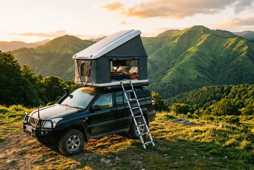 Tente de toit James Baroud montée sur un SUV en montagne, avec échelle déployée et paysage vallonné au coucher du soleil. meilleure tente de toit james baroud intégrée naturellement.