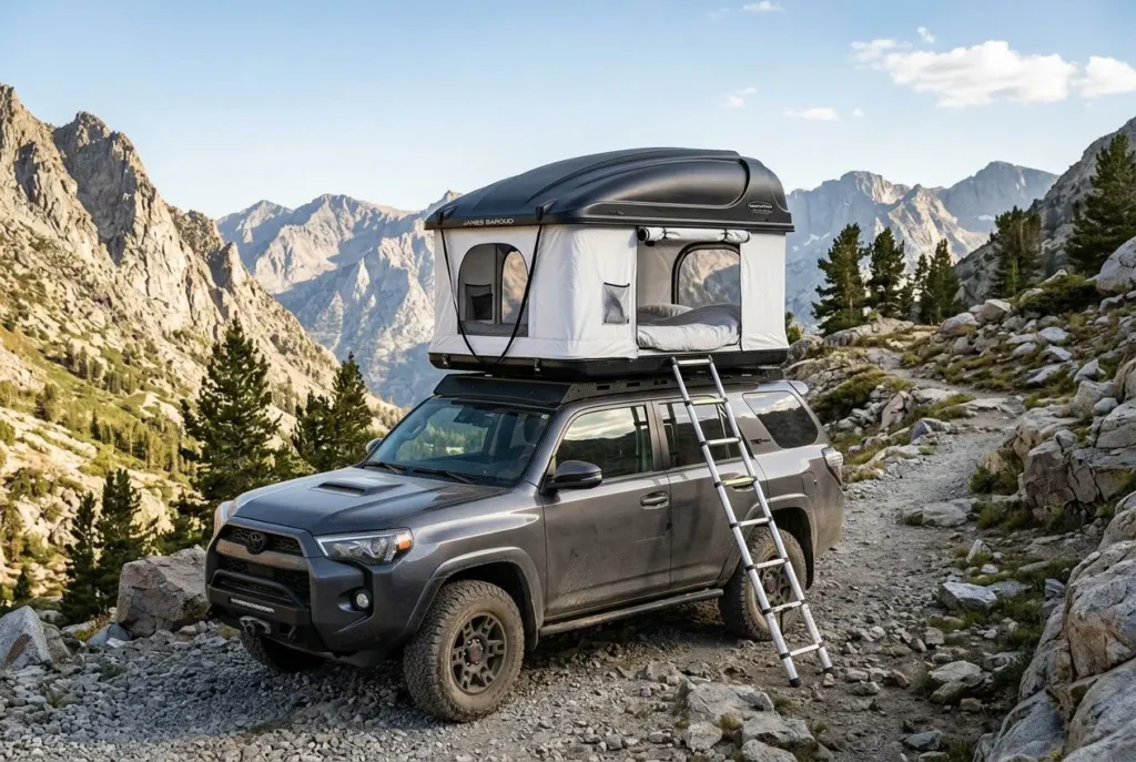 Tente de toit James Baroud Odyssey M montée sur un SUV gris dans un paysage montagneux rocky, échelle et ouverture guidée visibles.