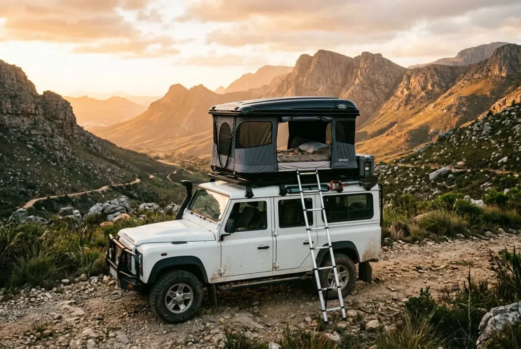 Tente de toit james baroud rigide montée sur un véhicule tout-terrain blanc dans un paysage montagneux au coucher du soleil.