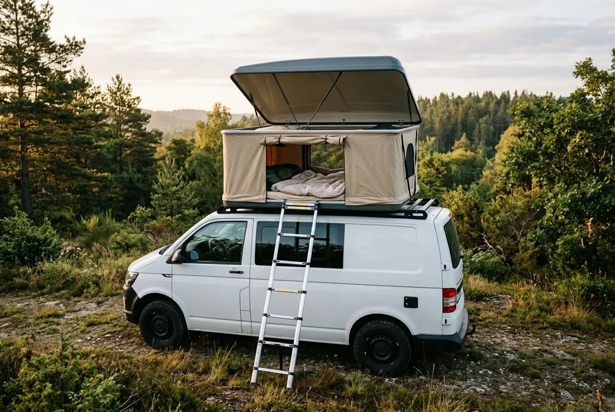 Tente de toit autohome installée sur un van, ouverte et prête à dormir, avec échelle verticale et paysage forestier en arrière-plan.