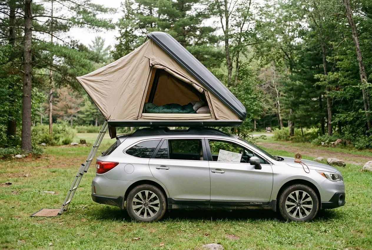 Tente de toit Autohome installée sur une voiture en camping, structure montée sur le toit et accès par échelle dans un décor forestier. (tente de toit autohome avis)