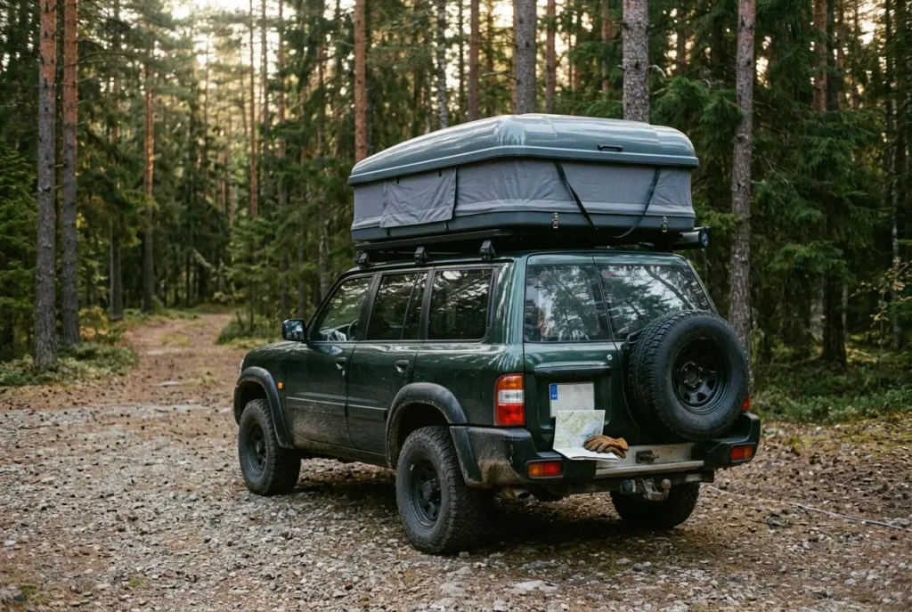 Voiture tout-terrain sombre avec tente de toit Autohome Maggiolina montée sur le toit, en forêt.